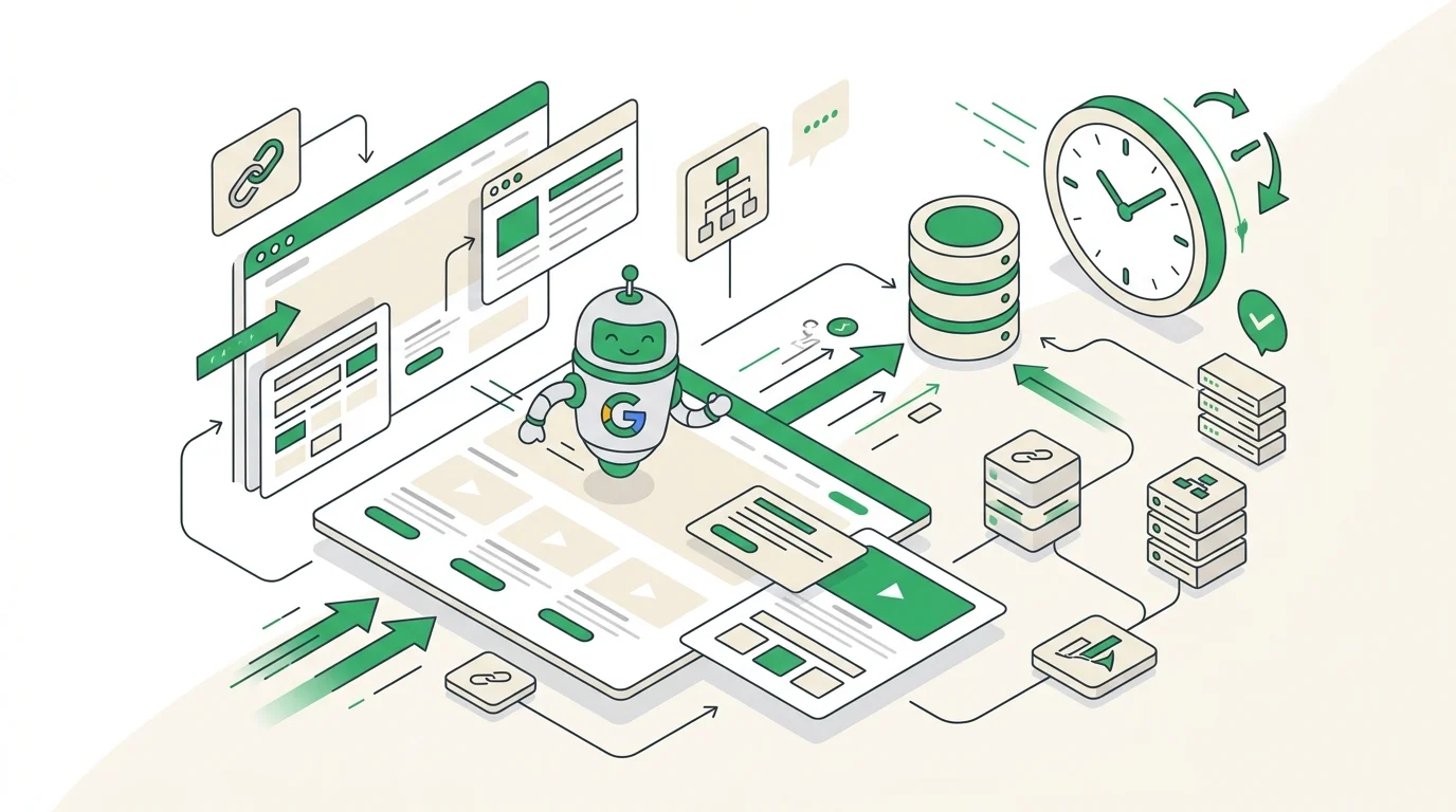 Ilustración de Googlebot rastreando una web para indexación rápida