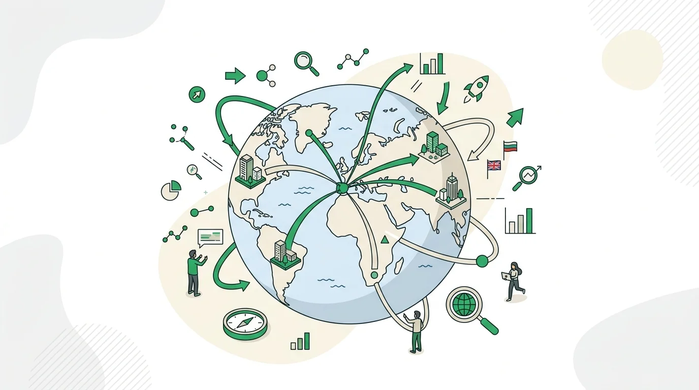 SEO internacional: mapa global con banderas de países.