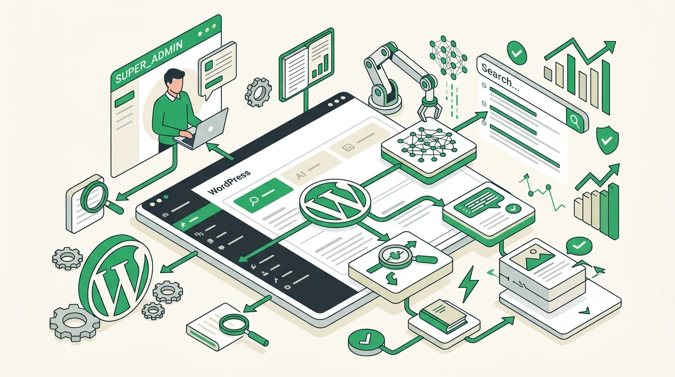 Plugins de IA para WordPress optimizando contenido SEO en un escritorio digital.